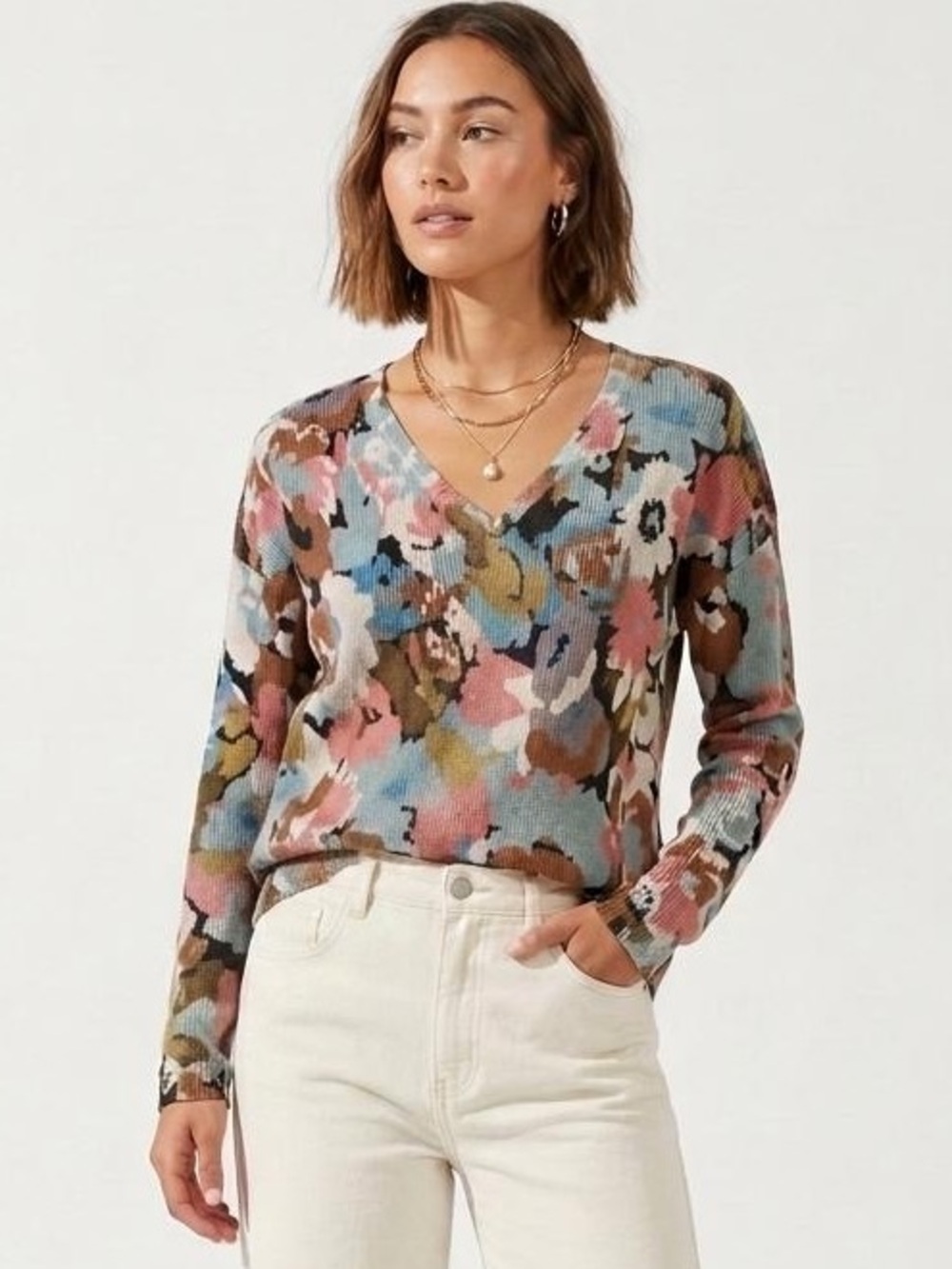 FDJ French Dressing Fall Florist Ribbed V-Neck Sweater Size S floral cozy 386